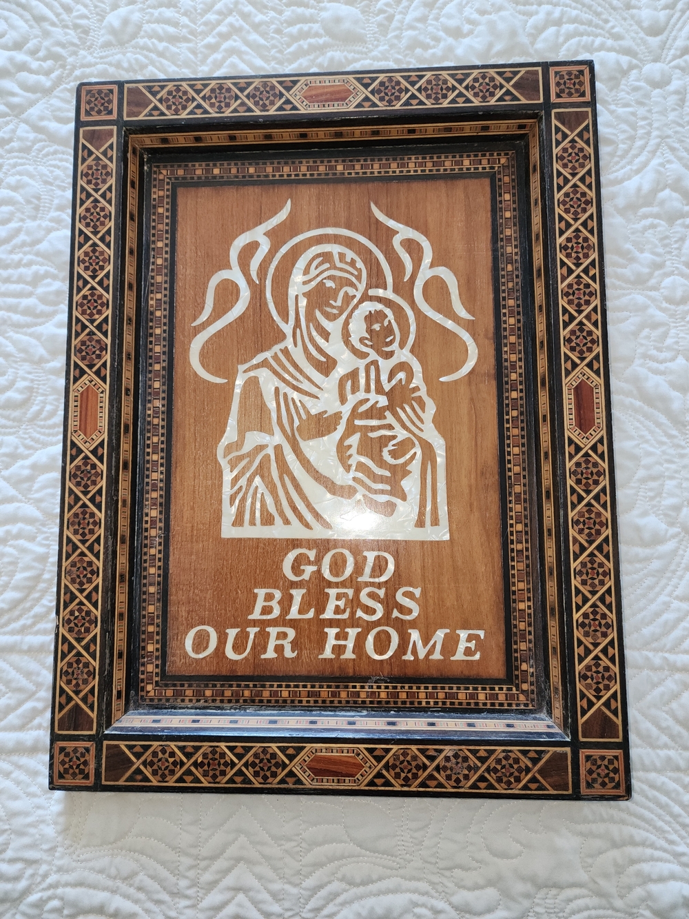 Vintage Wood Inlay Mosaic Religious Plaque - "God Bless Our Home" Middle Eastern